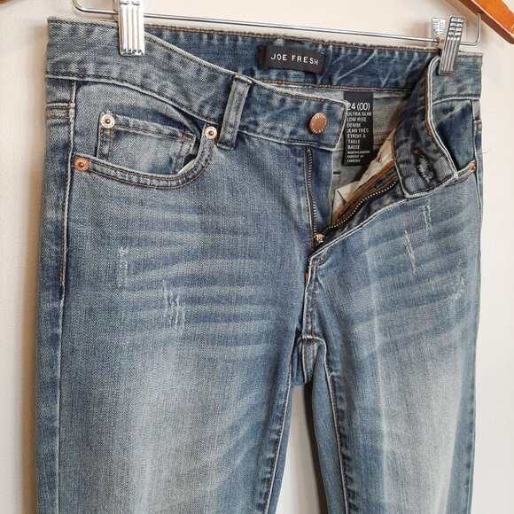 3/$20 Joe Fresh Ultra Slim Distressed Low Rise Jeans Womens Size 00 Blue - Picture 5 of 10